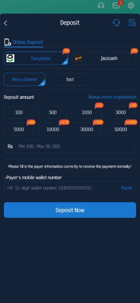 This is the deposit screen for the 3RR Game platform. It allows users to deposit money using Easypaisa and JazzCash with a 2% fee. Users can select a predefined deposit amount or enter a custom amount between Rs. 100 and Rs. 50,000. There are bonus incentives for different deposit amounts, and the user must enter their mobile wallet number correctly to proceed with the transaction.